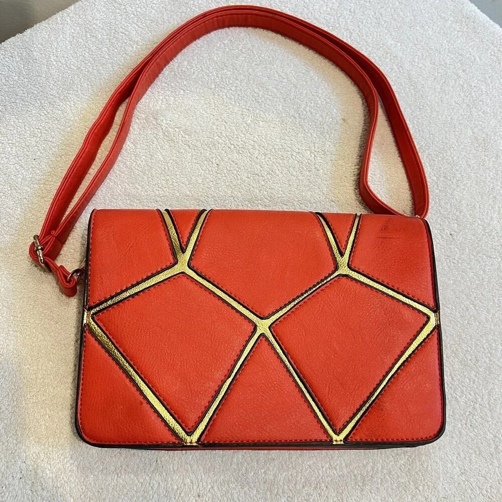 Geometric Puzzle Bag Women’s Red Orange Gold Small Rectangle Shoulder *read